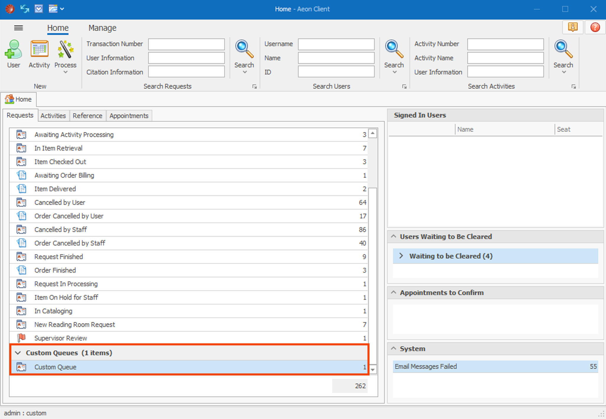 Custom Queues category displayed in list